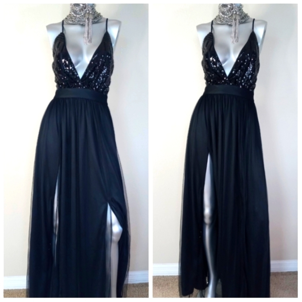 Black Sophisticated Cocktail Party Grunge Fairy Core Sequin Top Maxi Dress - Picture 7 of 16